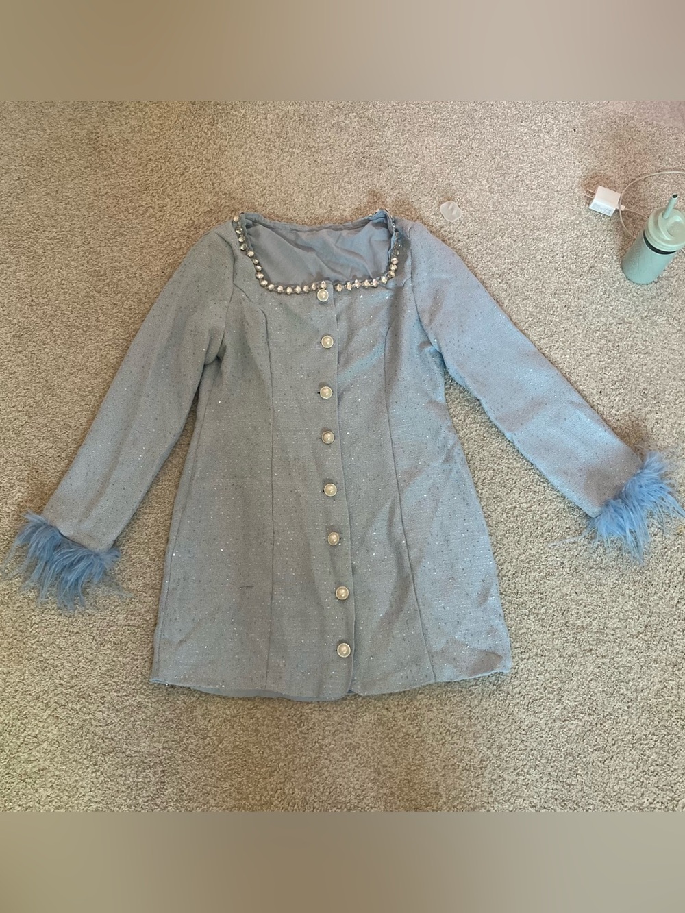 Light Blue Pearl Button Diamond Rhinestone Square Neck Tweed Dress
